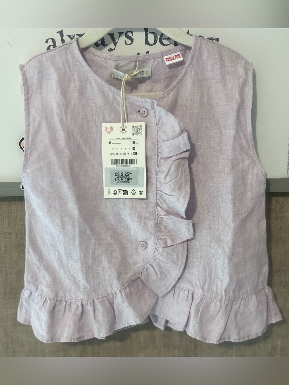 Zara Lavender 100% linen ruffled blouse